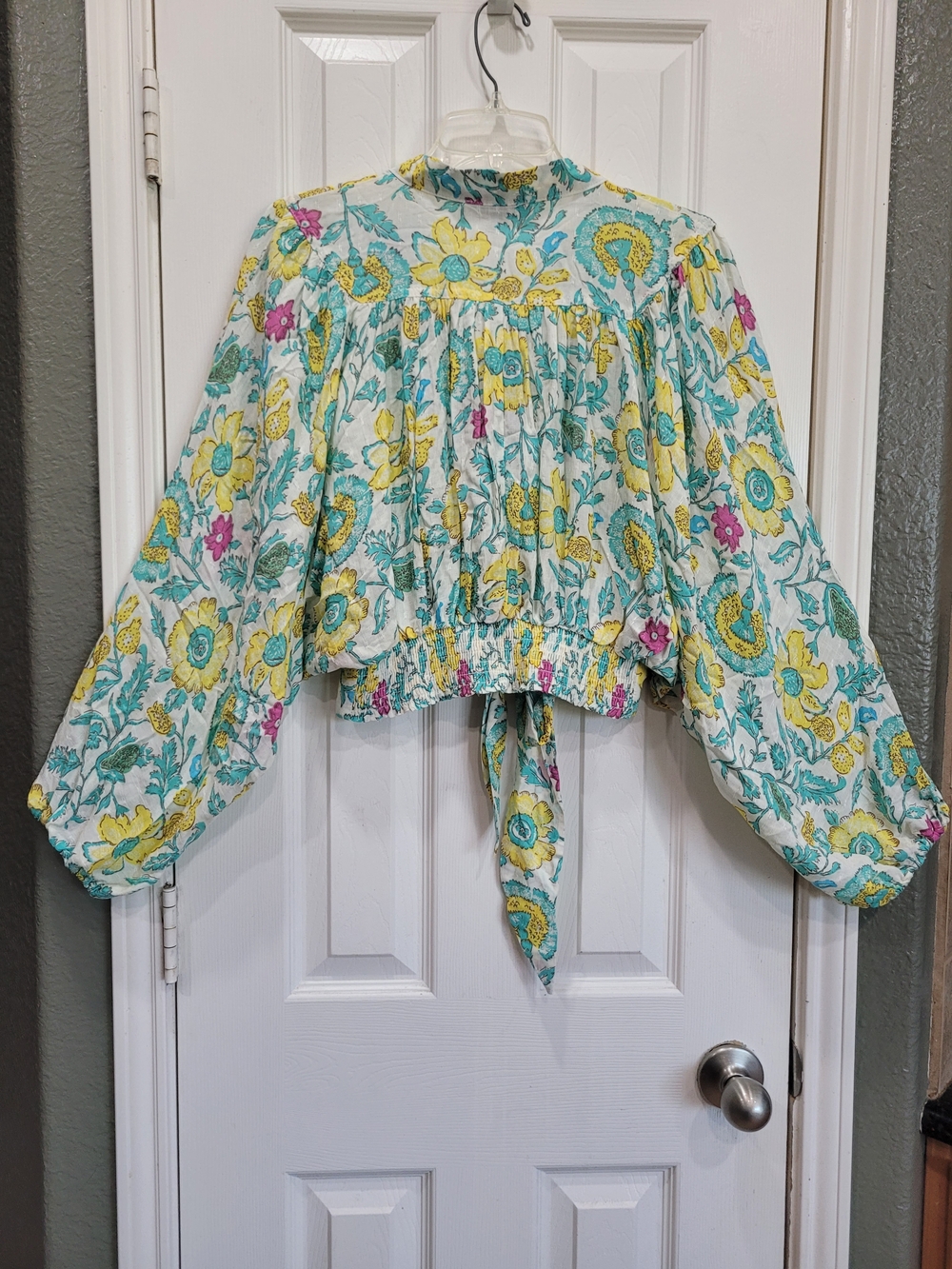 Rachel Roy Floral Tie Front Blouse L NWT Balloon Sleeve Cropped Boho Top - Picture 6 of 10
